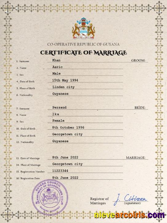 Guyana marriage certificate